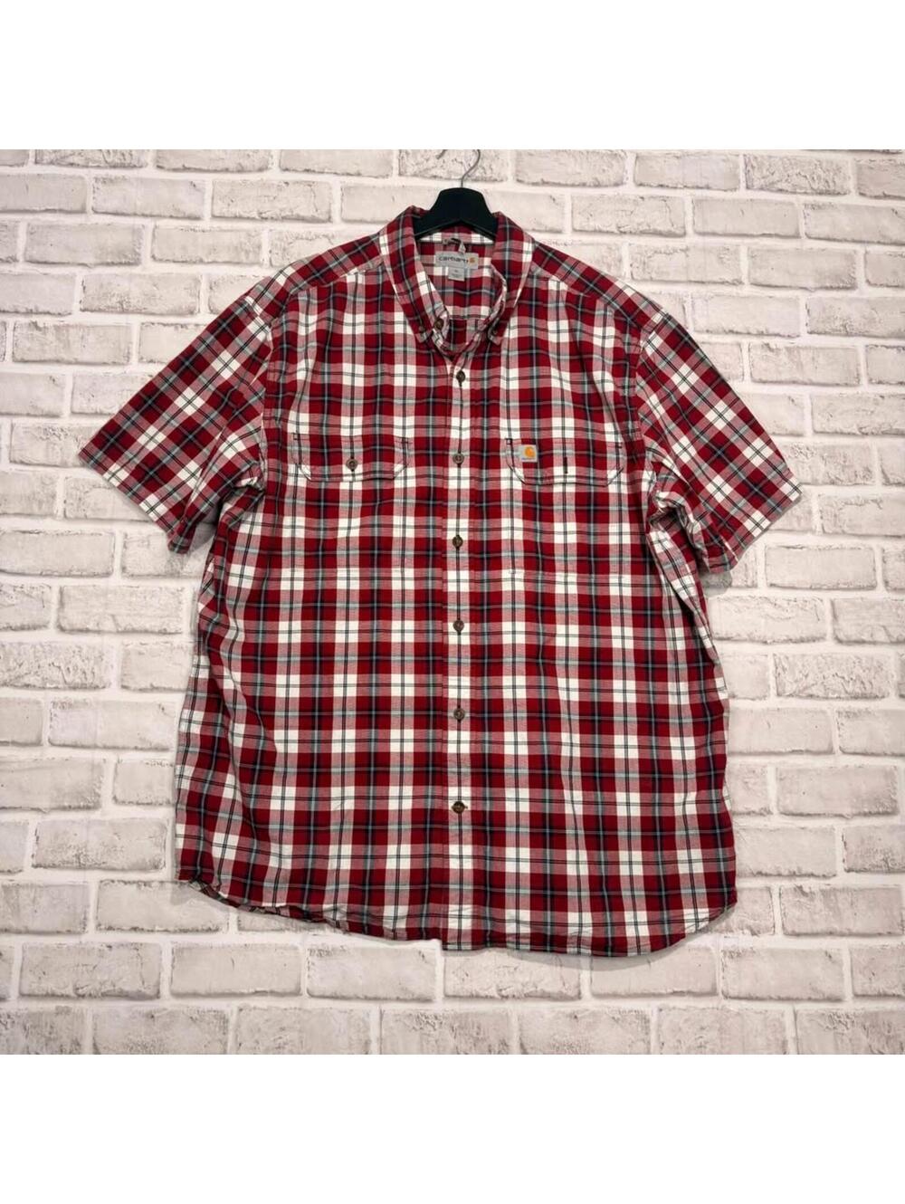 Carhartt‎ Plaid Short Sleeve Button Down Shirt Relaxed Fit Red Men's XL